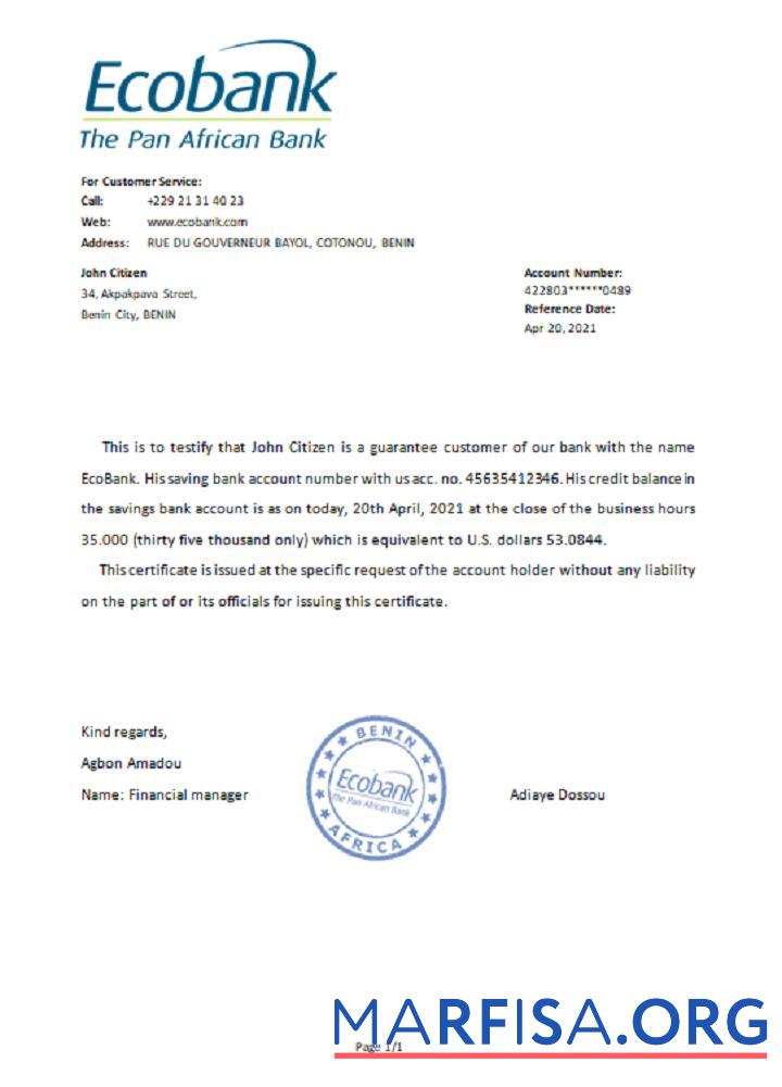 Blank Benin Ecobank reference sample